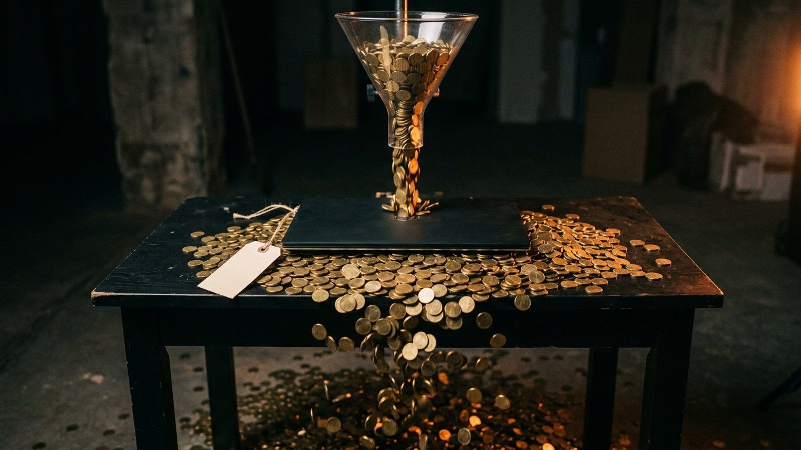 A glass funnel pours a stream of brass tokens onto a closed laptop with a small blank price tag, the tokens spilling across the desk and onto the floor.