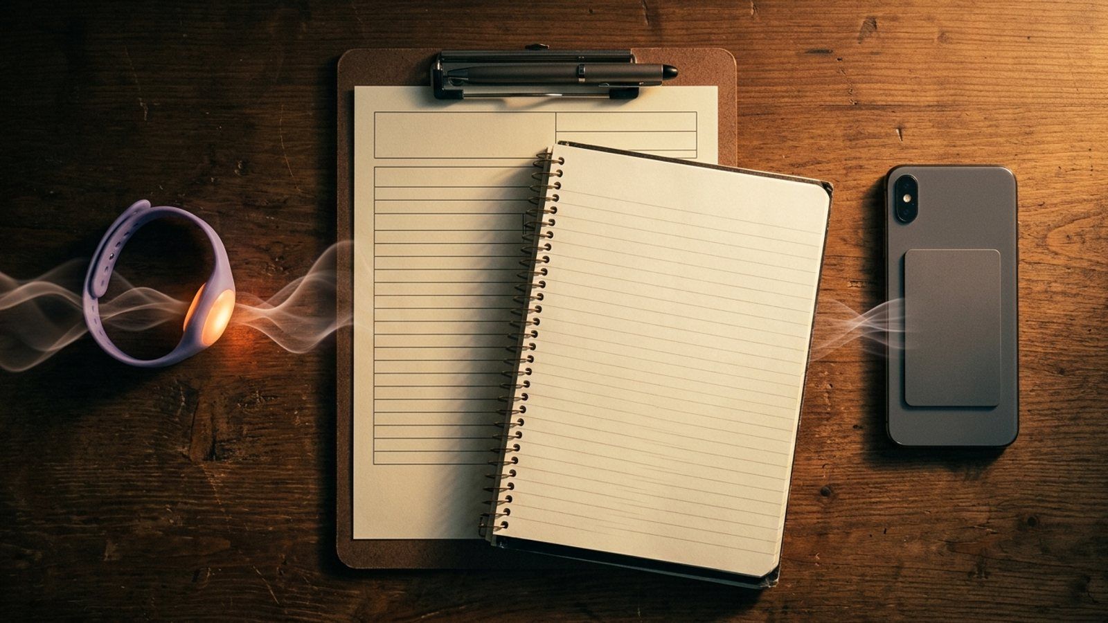 Top-down view of a desk with a lavender wristband recorder on one side and a phone with a card recorder stuck to its back on the other, a clipboard and notebook between them.