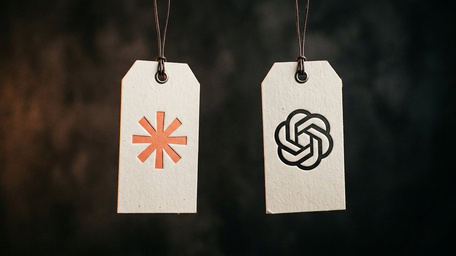 Two blank price tags on wires: one embossed with the coral Claude asterisk, the other with the black OpenAI knot.