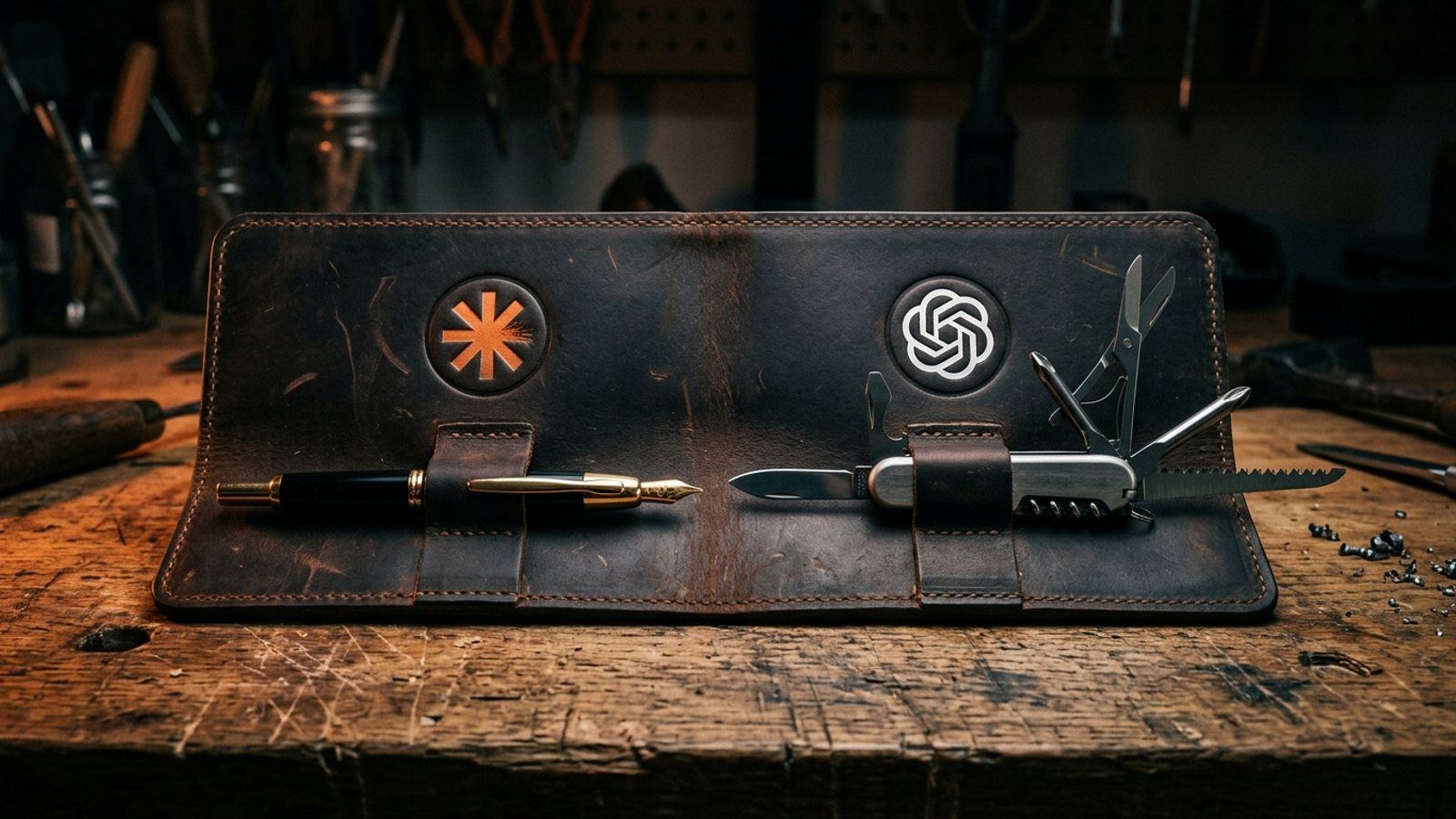 A leather tool roll holding a fountain pen under an orange Claude emblem and an opened multi-tool under a white OpenAI emblem, side by side at the same level.