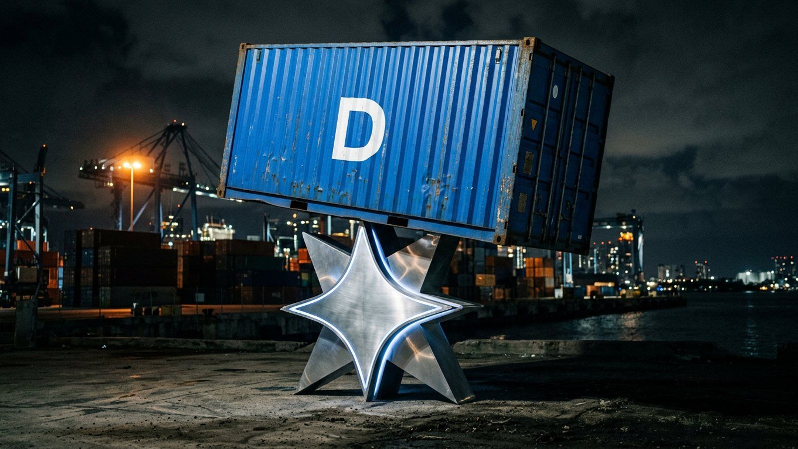 A DeepSeek industrial container balanced on top of a glowing Google Gemini logo in a dark port, symbolizing the high-stakes pressure of the AI price war.