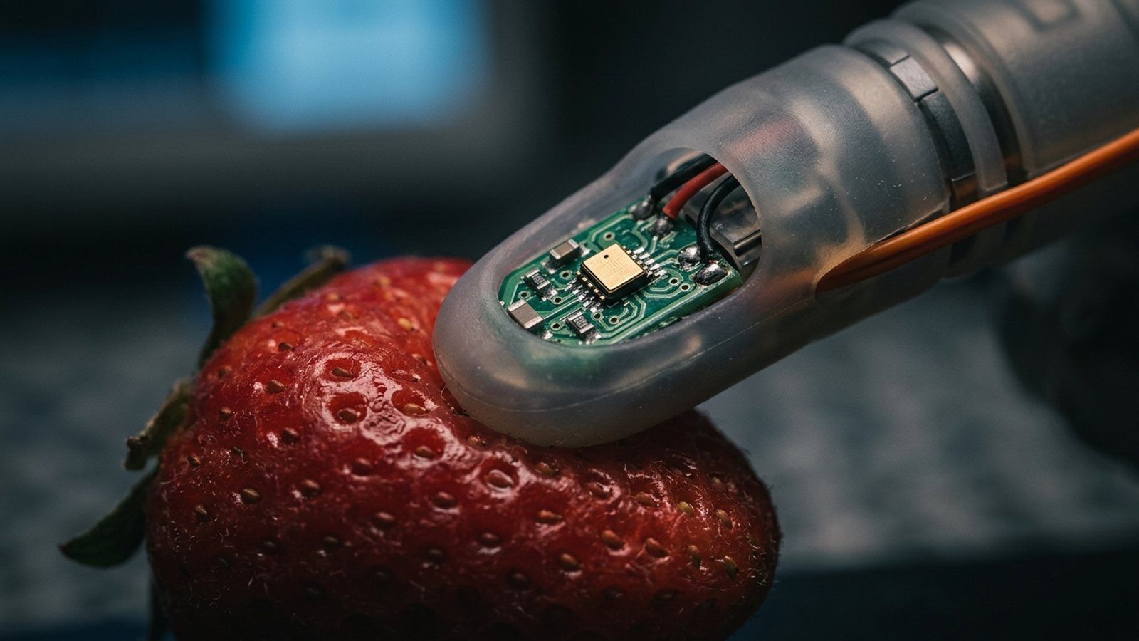 A robotic finger with translucent skin pressing a strawberry, revealing a small magnetic sensor and circuit board inside.