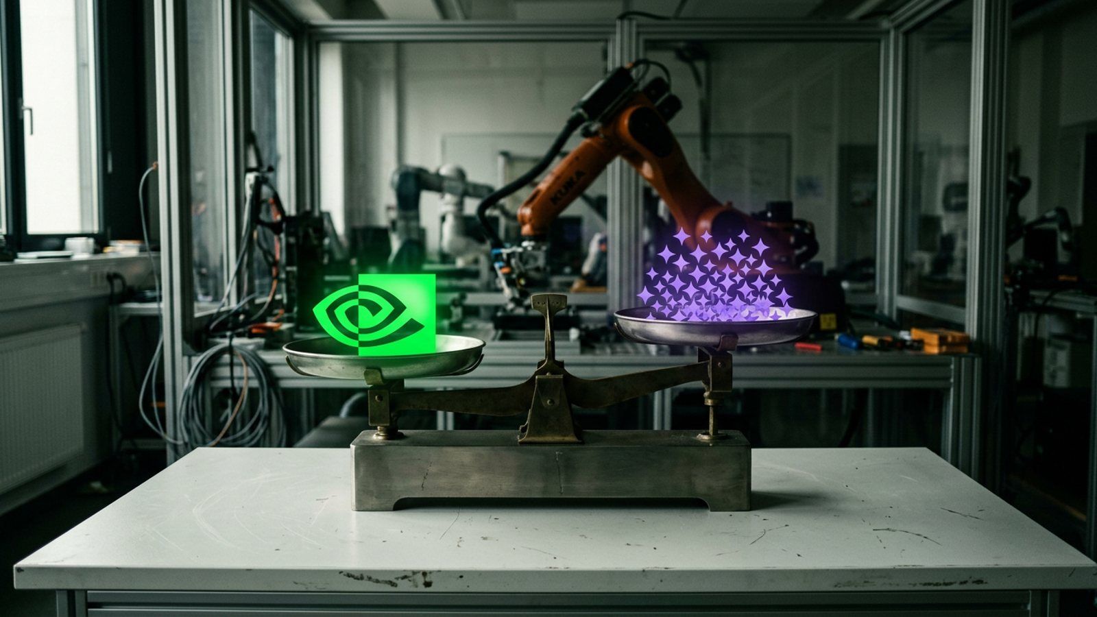 An industrial balance scale showing a single green NVIDIA logo outweighing 125 purple Google Gemini logos, symbolizing a 125x cost efficiency in robotics AI.