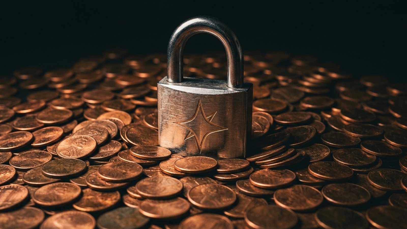 A chrome padlock with the Google Gemini logo sitting on a bed of copper pennies.