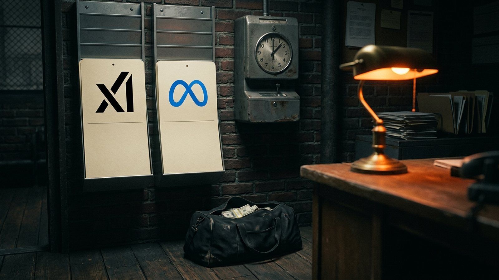 A punch-in time clock on a brick wall with two time cards in the rack, one printed with the xAI logo and one with the Meta infinity loop, above an open duffel bag of cash.