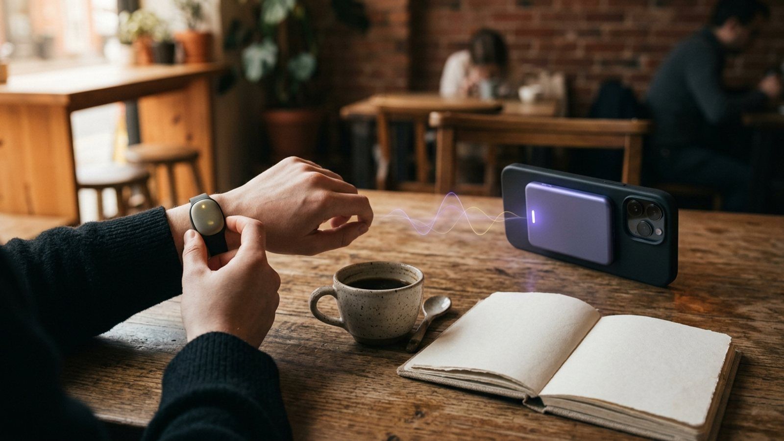 A wristband AI recorder and a card-sized recorder stuck to the back of a phone sit on a cafe table, with sound waves drifting between them.