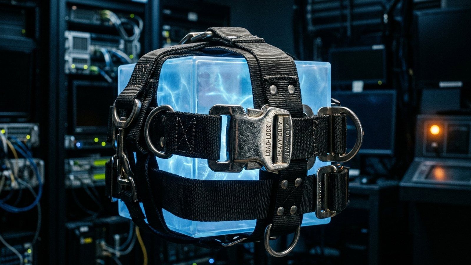 A detailed close-up of a rugged industrial harness with metallic buckles wrapped around a glowing blue digital cube, symbolizing the Meta-Harness research.
