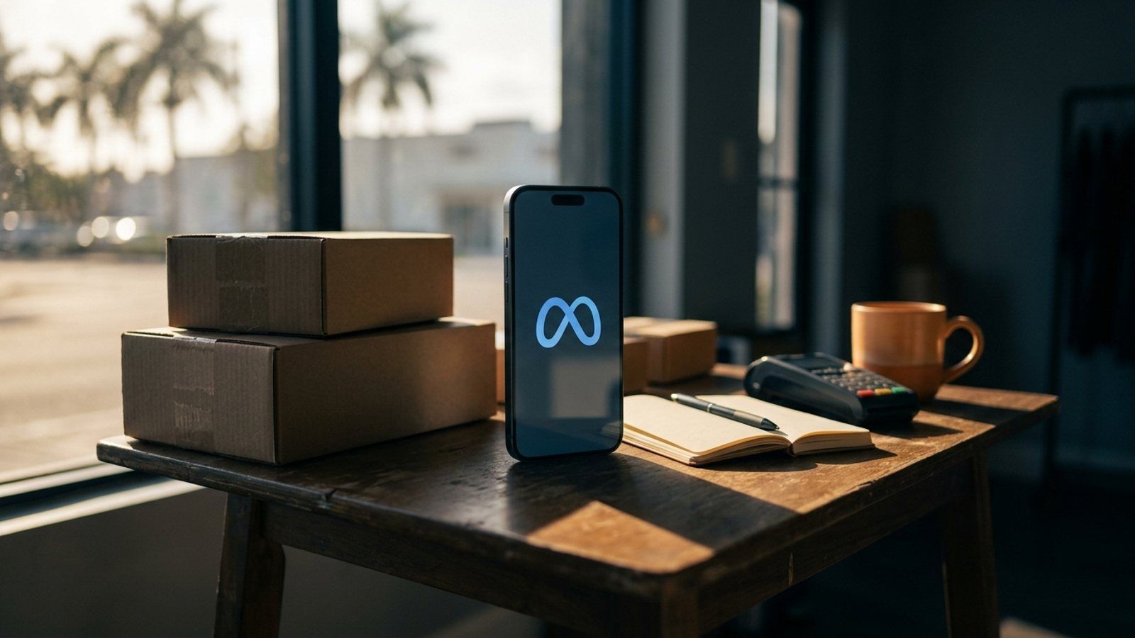 A smartphone glowing with a blue Meta infinity-loop logo on a small wooden desk in a sunlit storefront office, surrounded by shipping boxes, an appointment book, and a card reader.