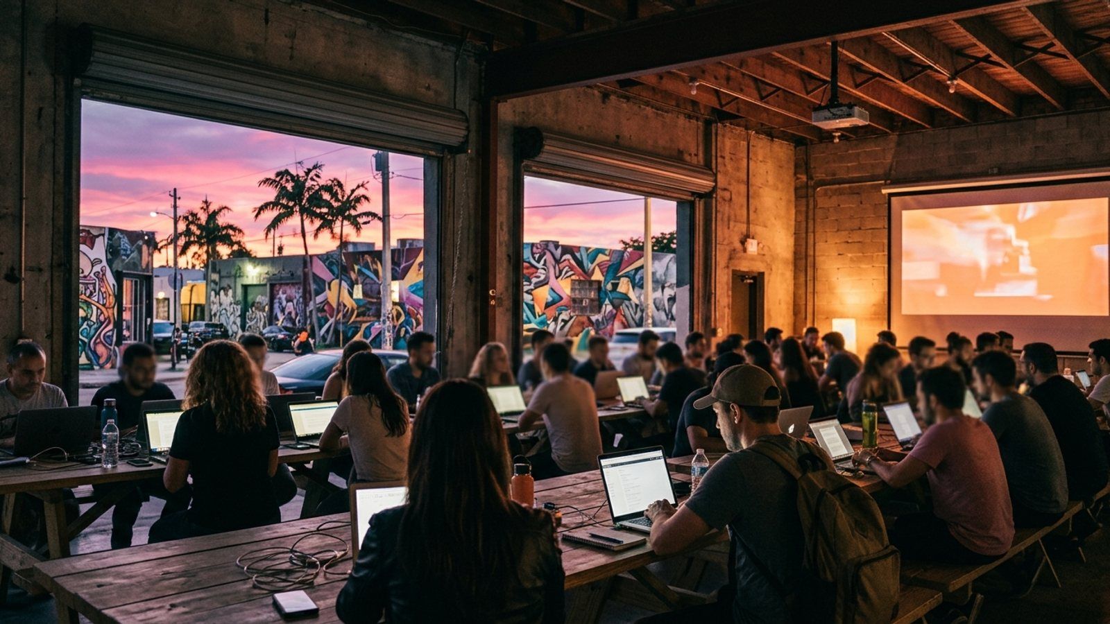 People working on laptops at long tables inside a Wynwood warehouse at sunset, with murals and palm trees outside the open doors.