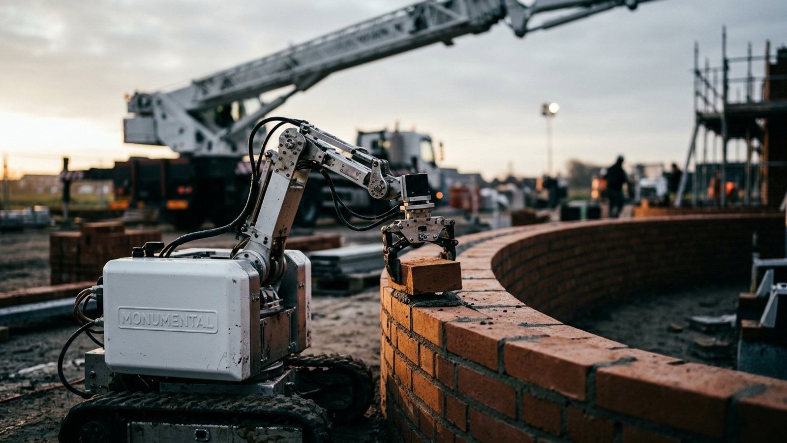 A small Monumental bricklaying robot placing a brick on a curved wall with the large boom of a Hadrian X truck visible in the background.