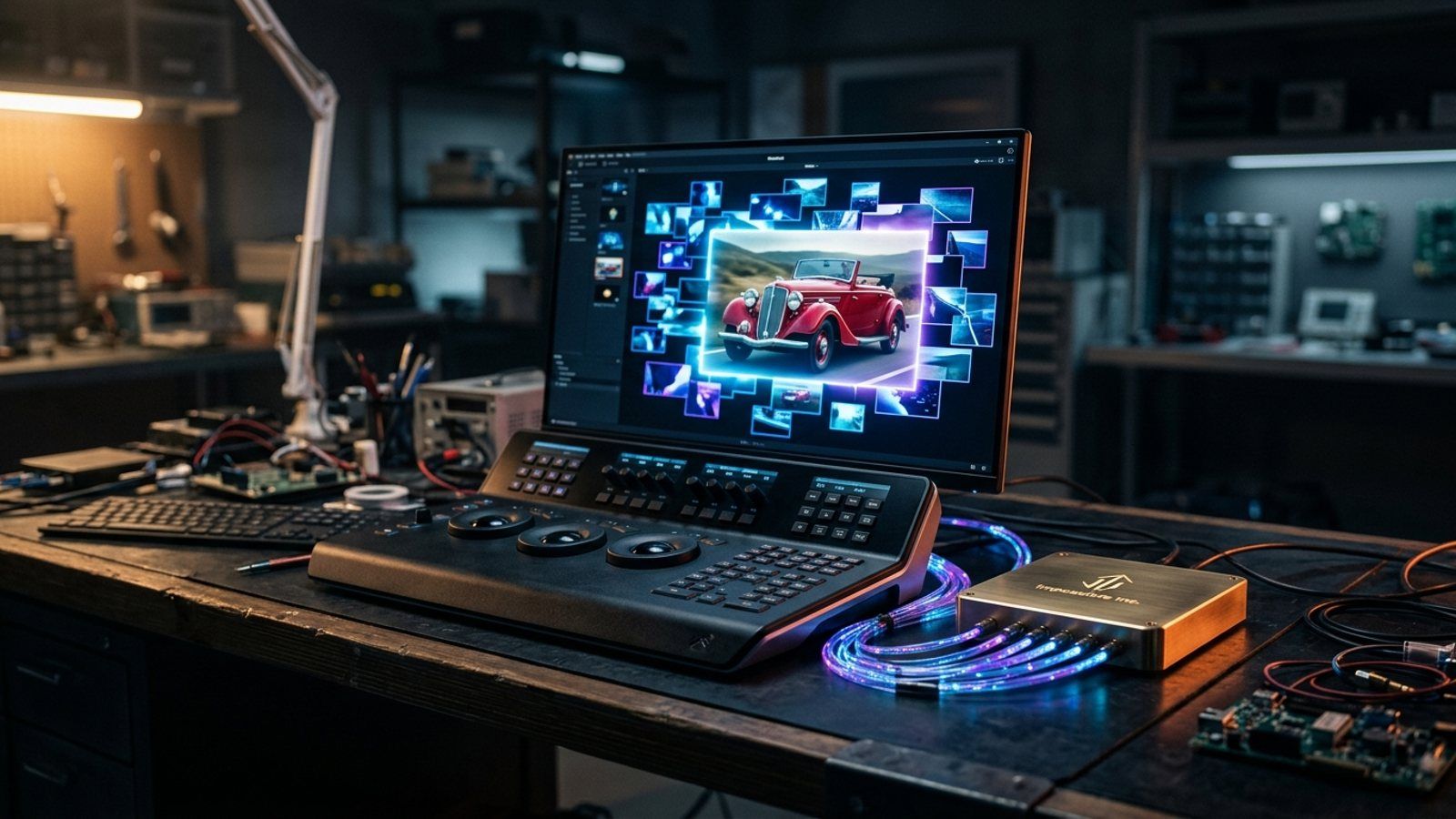 A futuristic video editing console showing a mosaic of video fragments being stitched together into a coherent image, with a sleek brass router device on the desk.