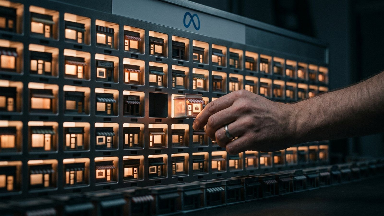 A hand sliding a tiny glowing storefront into the one empty slot on a lit wall of miniature shops under the Meta logo, with more storefronts lined up below waiting their turn.