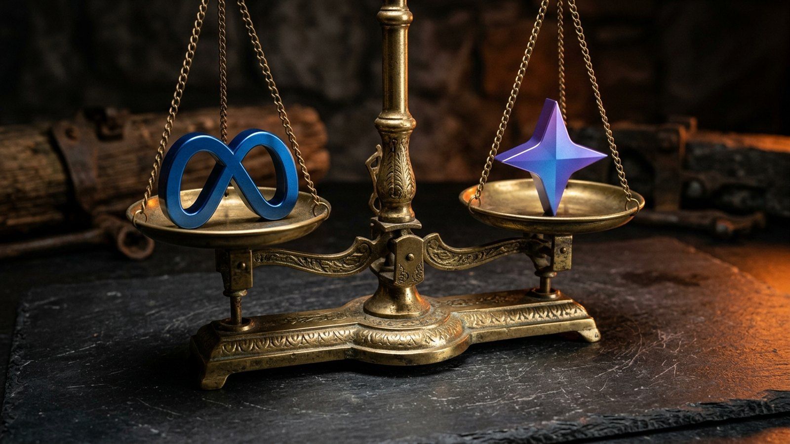 An antique brass balance scale with a blue Meta infinity loop on one pan and a purple Gemini star on the other, tipped toward Meta.