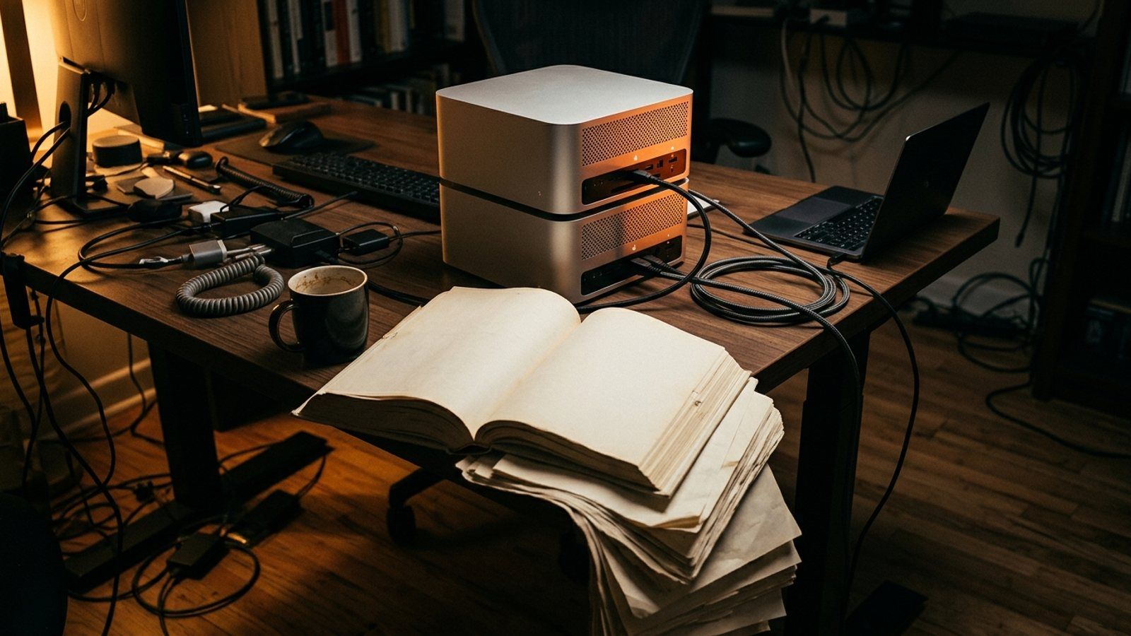 Two stacked silver desktop computers glow on a cluttered home desk next to a small laptop and an enormous open book spilling off the edge.