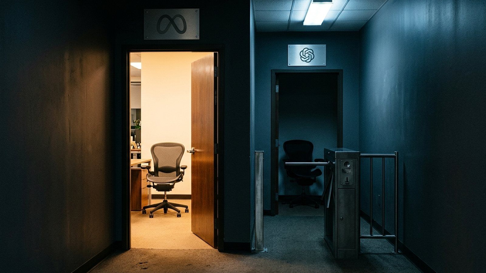 Two office doorways side by side in a dark corridor. The left one is wide open, warmly lit, with a Meta infinity logo plaque above it and an empty desk chair inside. The right one sits dark behind a coin-operated turnstile, with an OpenAI logo plaque above it.