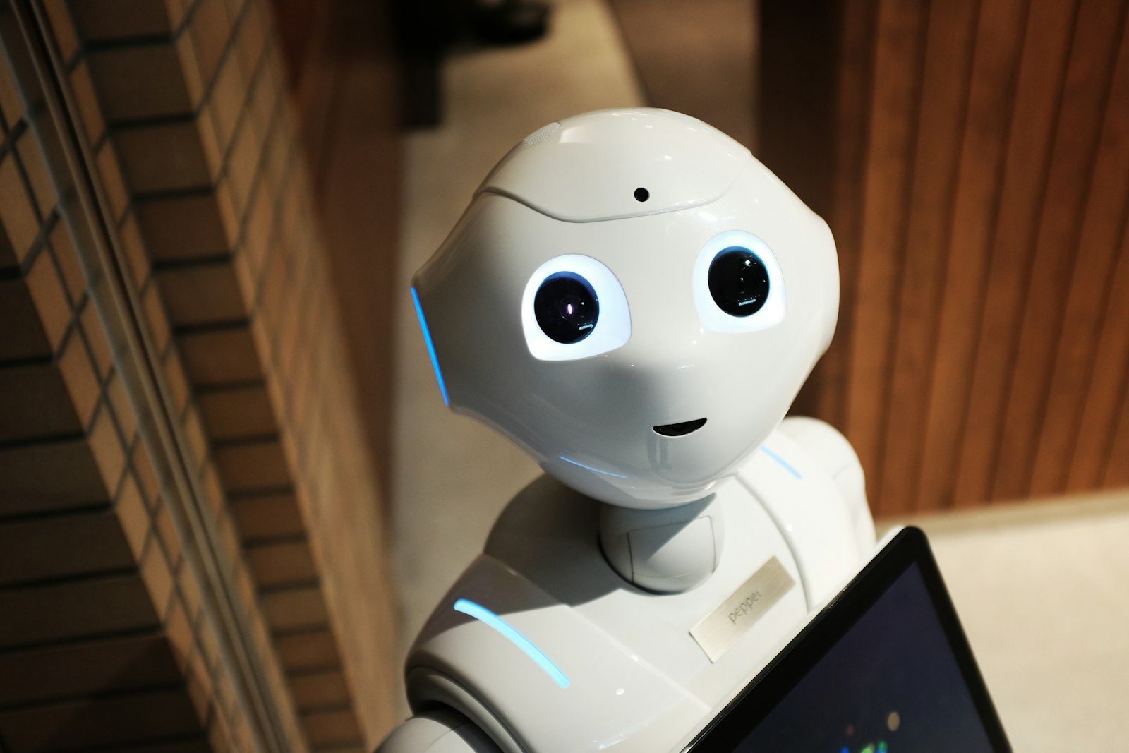 White humanoid robot with large round eyes holding a tablet