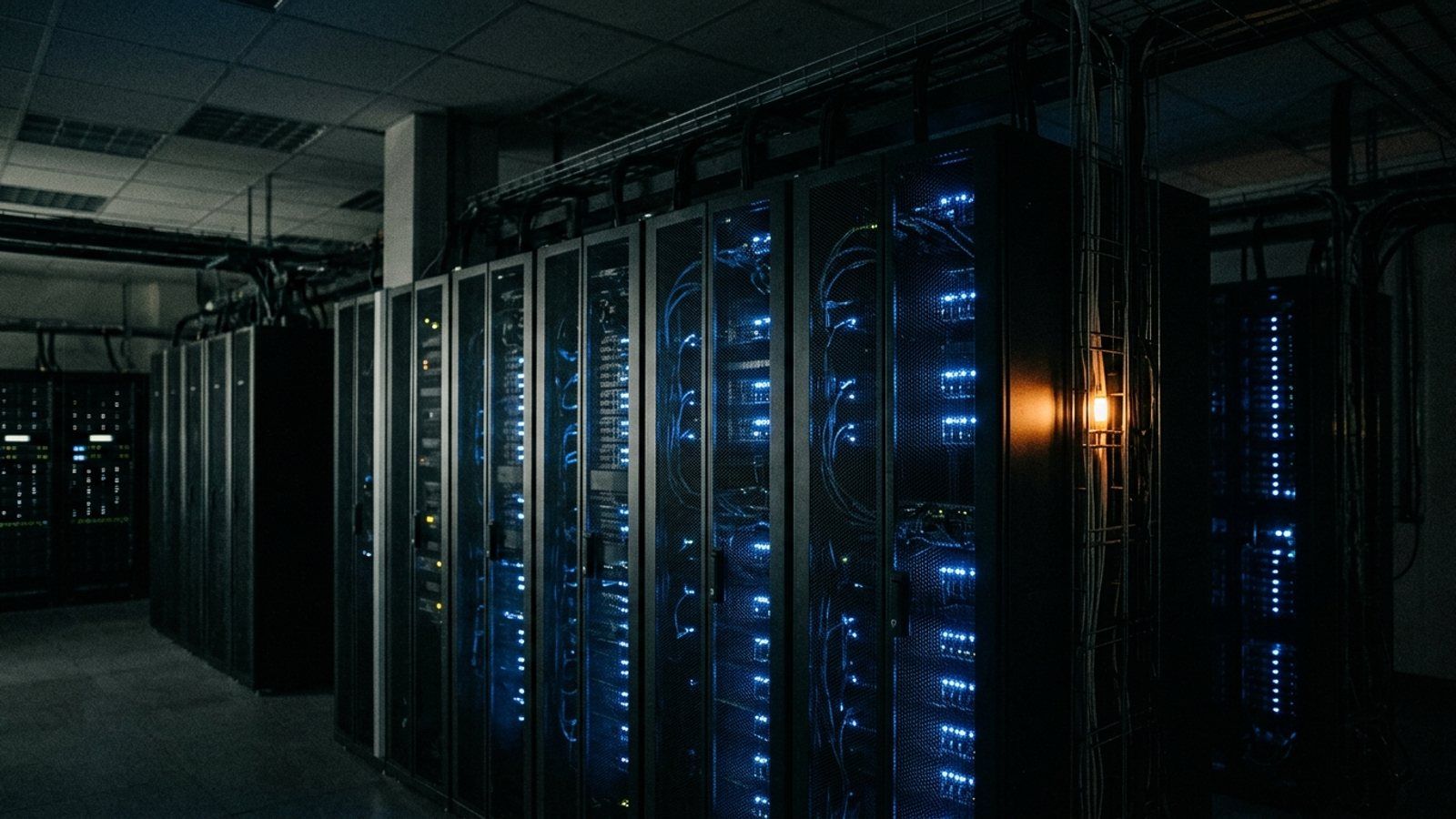 A high-tech server room with glowing blue lights and rows of data racks representing AI infrastructure.