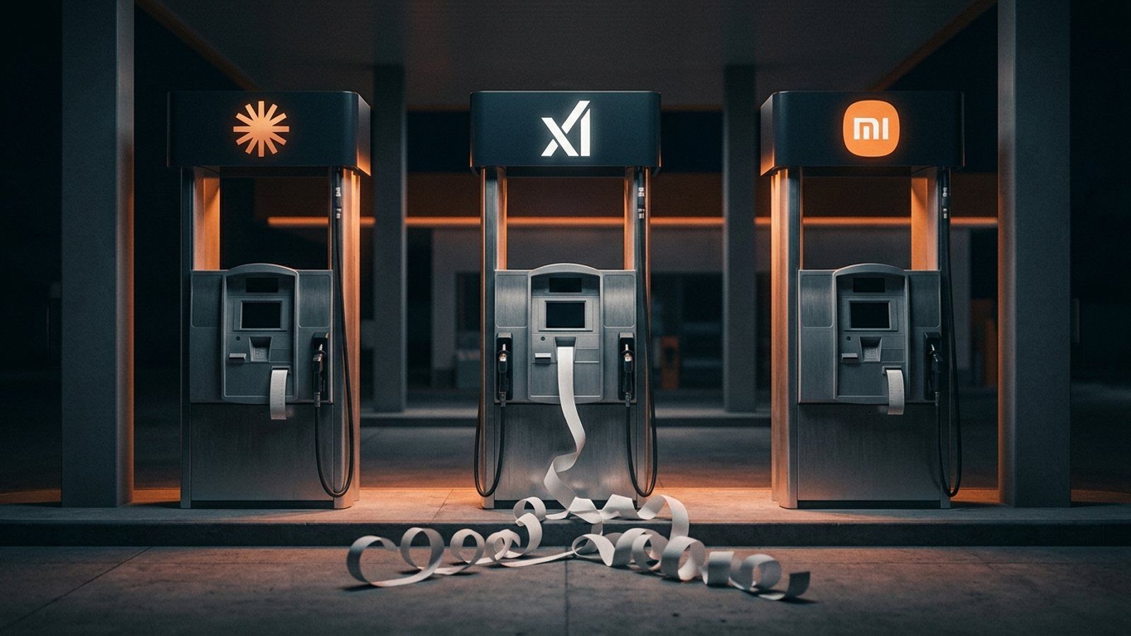 Three fuel pumps marked with the Anthropic, xAI and Xiaomi logos; the xAI pump prints a receipt so long it spills across the ground