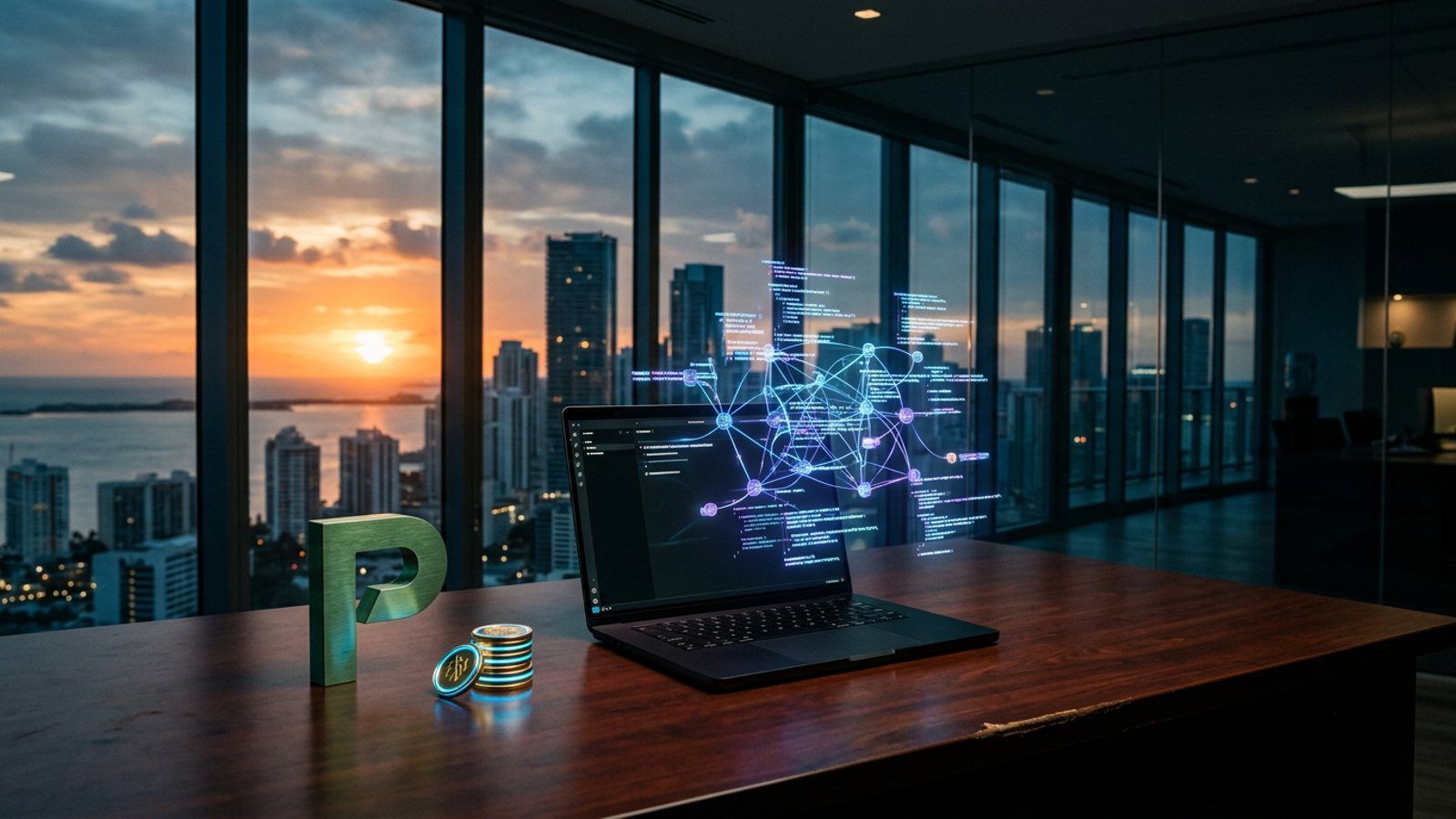 A glowing holographic knowledge graph hovers over a laptop on a Miami desk, with a physical Perplexity logo and glowing credit tokens nearby.