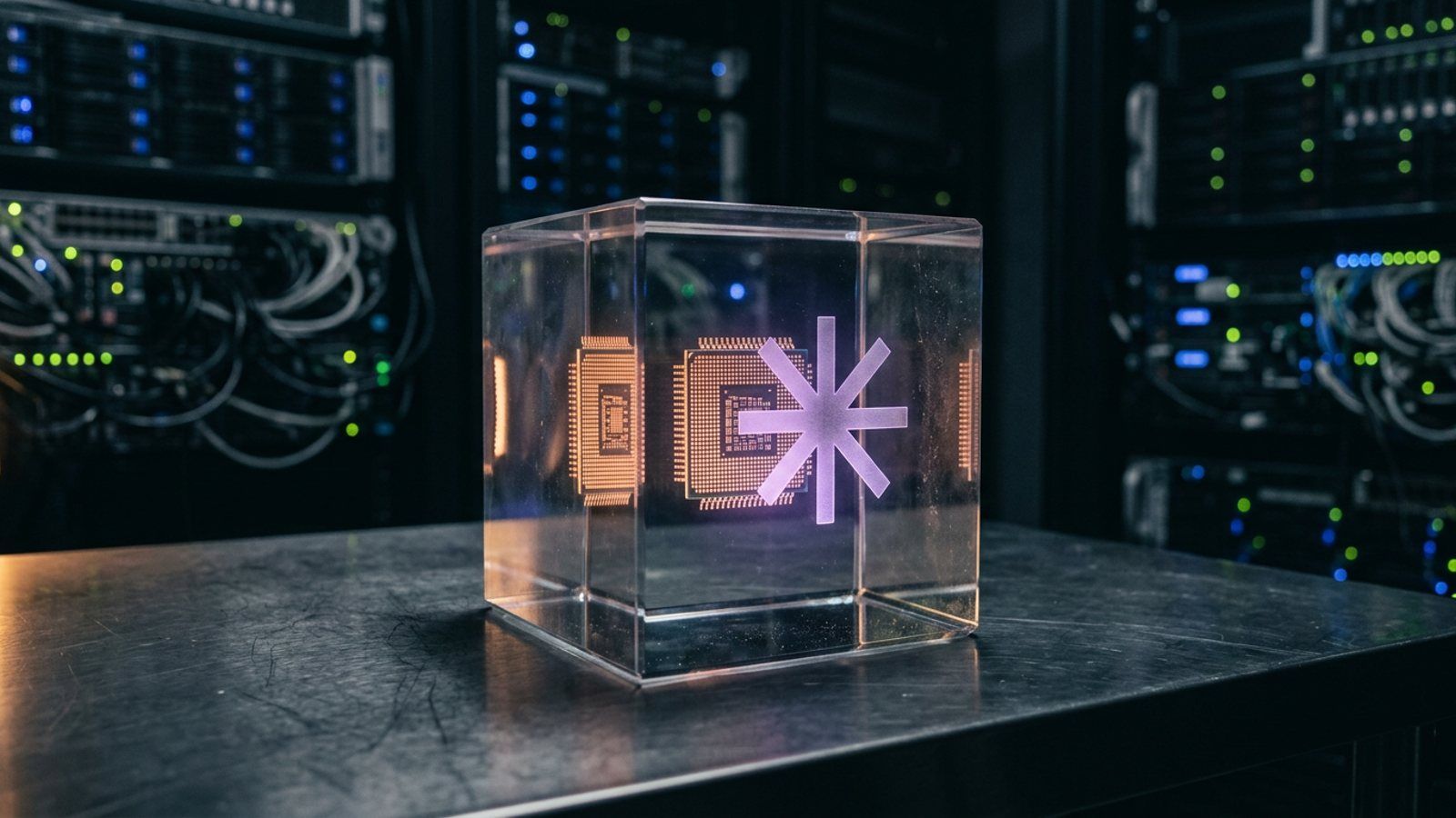 A glowing glass cube with the Perplexity logo containing a computer chip, symbolizing a secure AI sandbox.