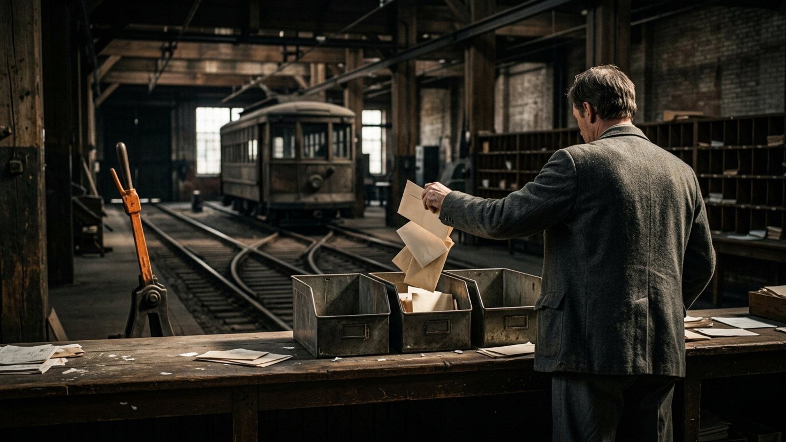 A mailroom clerk drops envelopes into three metal bins while a vintage trolley waits at a fork in the tracks beside an unmanned switch lever.